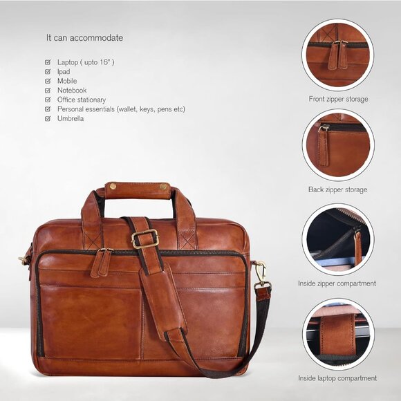 ⚡Men and Women Vintage Tan Oak Leathers Laptop Briefcase Messenger Bag - Picture 4 of 9